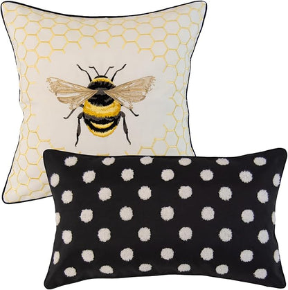 Donna Sharp 2-Piece Wild One Patch Bee and Polka Dot Decorative Throw Pillow Set - Pillows for Couch, Sofa, Beds, and Chairs - Includes 18" x 18" Square & 12" x 22" Rectangular Pillows