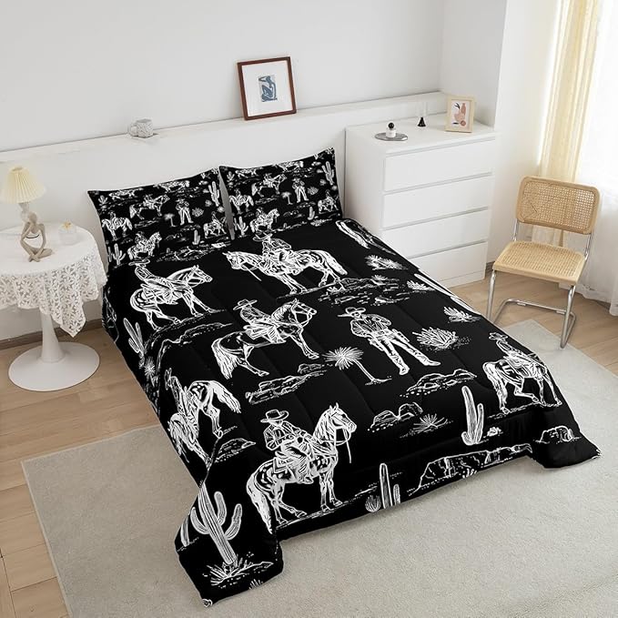 Feelyou Black Western Bedding Set King Size Horse Cowboy Comforter Set for Kids Boys Girls Decor Rustic Decor Wild Western Cowboy Comforter Tribal Duvet Quilt