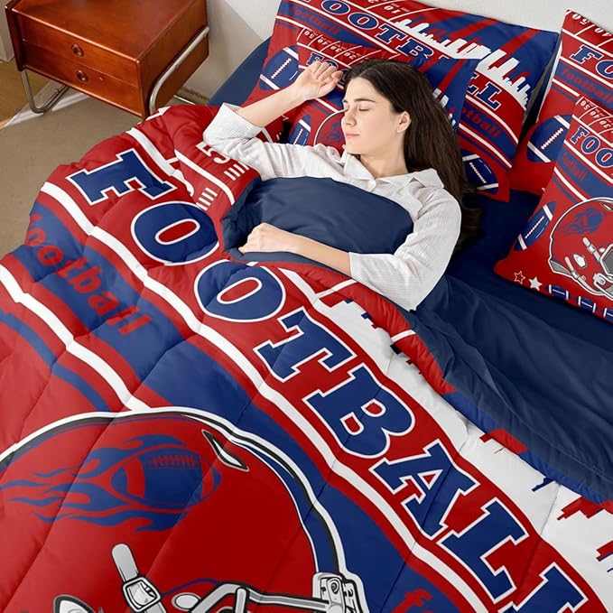 Feelyou Football 7 Pieces Comforter Sets Twin Size Kids Rugby Sports Bedding Set for All Season Football City Bed in a Bag with Comforter, Sheets, Pillowcases & Cushion Cover