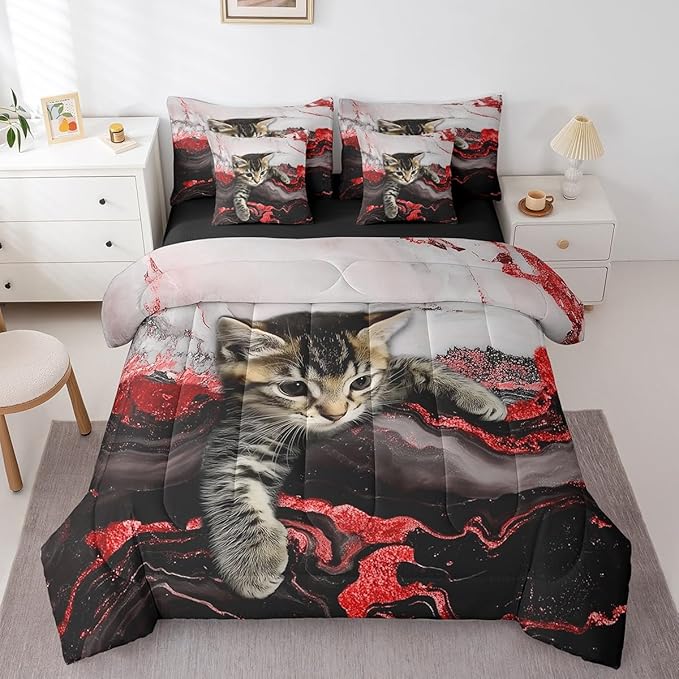 Erosebridal Red Marble Bedding Set 7 Pieces Watercolor Marble Ink Fluid Bed in A Bag Luxury Modern Marbling Cat Comforter Sets with Sheets, Retro Artwork Style Aesthetic Bed Set(Red, Twin)