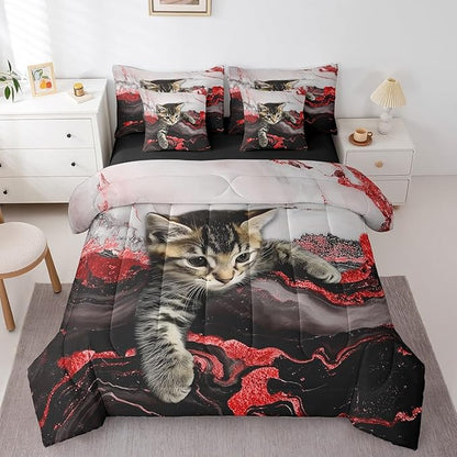 Erosebridal Red Marble Bedding Set 7 Pieces Watercolor Marble Ink Fluid Bed in A Bag Luxury Modern Marbling Cat Comforter Sets with Sheets, Retro Artwork Style Aesthetic Bed Set(Red, Twin)