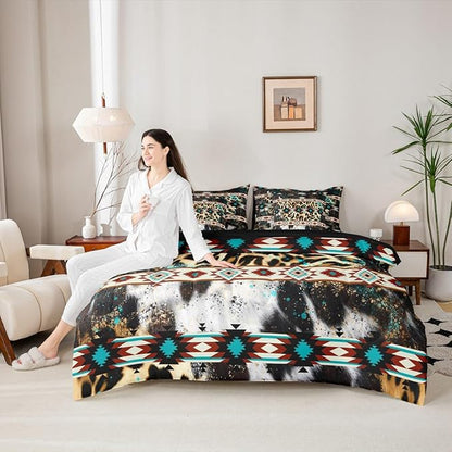 Erosebridal Aztec Comforter Set Leopard Print Bed in A Bag Queen Size 7 Pieces Cowhide Exotic Fur Ink Splash Cheetah Ethnic Bed Set Beige Green Bedding