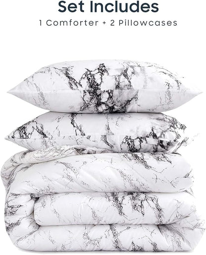 Wake In Cloud - Marble Comforter Set, Neutral Modern Aesthetic for Men Women, Soft Lightweight Bedding, 3 Pieces, Black White, Twin/Twin XL Size