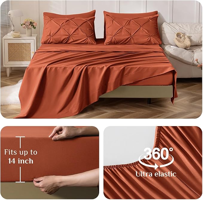 JOLLYVOGUE King Size Comforter Set 7 Pieces - Bed in a Bag King for All Season, Pintuck Bedding Comforter Sets with Comforter, Flat Sheet, Fitted Sheet and Pillowcases & Shams, Burnt Orange