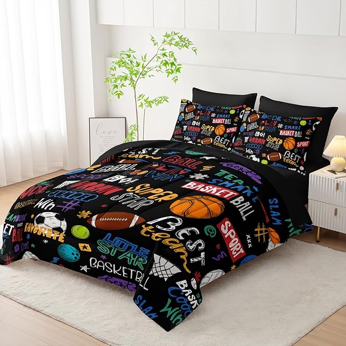 Sports Ball King Comforter Set,Football Rugby Basketball Bedding Set for Kids Boys Girls Youth Ball Sports Themed Bedroom Decor Bedding Set 7 Pcs Bed in A Bag