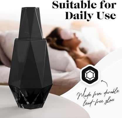 American Atelier 37 oz Modern Geometric Bedside Carafe & Cup Set – 9" Glass Carafe with Lid & Matching Cup, Angular Nightstand Drinkware for Water & Juice, Stylish Contemporary Design (Black/Gold)