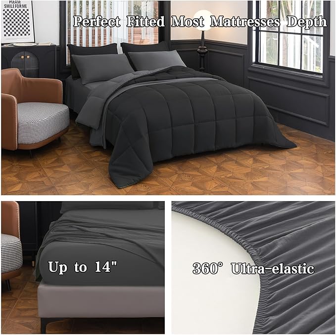 Twin XL Comforter Set - 7-Piece Black All-Season Bedding with Ultra Soft Reversible Lightweight Comforter, Bed Skirt, Flat Sheets, Pillowcases & Pillow Shams