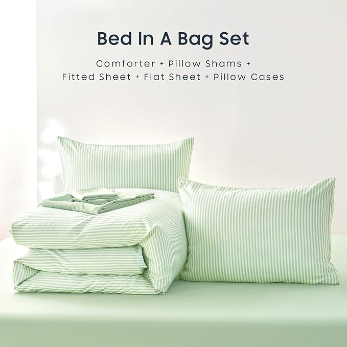 Wake In Cloud - Striped Comforter Set with Sheets, Ticking Stripe Vertical Pinstripe Neutral Farmhouse Pattern Printed, 5 Pieces Bed in a Bag, Sage Green White, Twin Size
