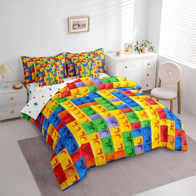 Feelyou Construction Games Comforter Set Queen Size 7 Pcs Kids Building Blocks Comforter Bed in a Bag Colorful Brick Bedding Set for Boys Girls Teens Bed Set with Sheets, Pillowcases, Pillow Covers