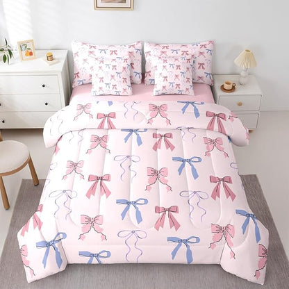 Erosebridal Ribbon King Comforter Set Bowknot 7-Piece Bed in A Bag Fairy Kawaii Sweet Bow Dreamy Sheets and Pillowcases Pink Blue Bed Sets