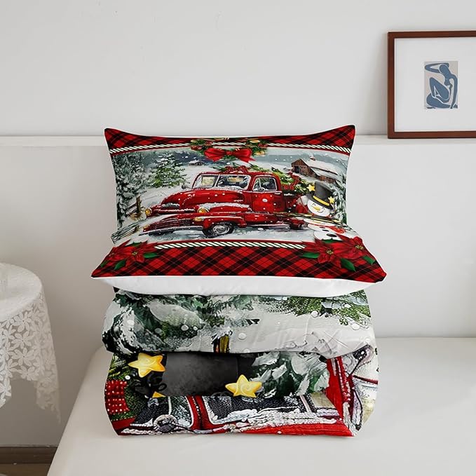 Christmas Truck Comforter Set Twin Size Kids Girls Boys Red Plaid Decor Pine Tree Bedding Set 2pcs Winter Snow View Quilt Set Happy New Year Gifts Duvet Insert with 1 Pillowcase