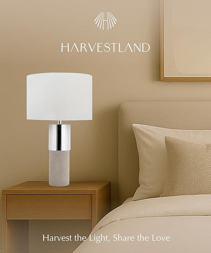 HarvestLand 22" Sole Cement Large Table Lamp – Modern Round Stone Lamp with Chrome Accent for Entry Table or Lamp for Living Room, Decorative lamp, Bedside Table lamp