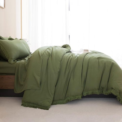 Andency Full Size Comforter Set with Sheets Olive Green -7 Pieces Bed in a Bag Boho Tassel Bedding Sets, All Season Fringe Bed Set with Comforter, Sheets, Pillowcases & Shams