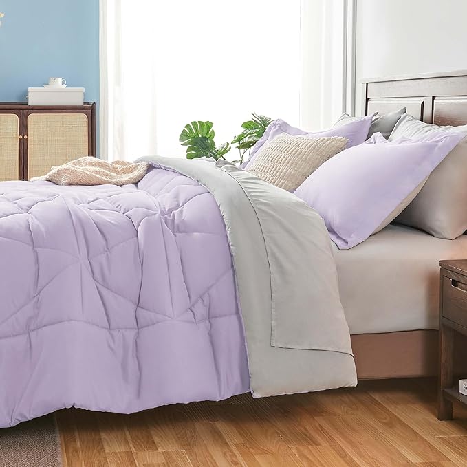 BEDELITE King Size Comforter Set 7 Pieces Bed in A Bag - Soft Microfiber Reversible Lavender Bed Set with Comforters, Sheets, Pillowcases & Shams, Cozy Luxury Bedding Sets for All Season