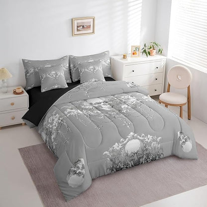 Gothic Bed in a Bag King Size Comforter Set 7 Pieces,Goth Sugar Skull Bedding Set,Sliver White Damask Bohemian Vintage Floral Comforter and Sheet Set,Exotic Antique Victorian Baroque Decor
