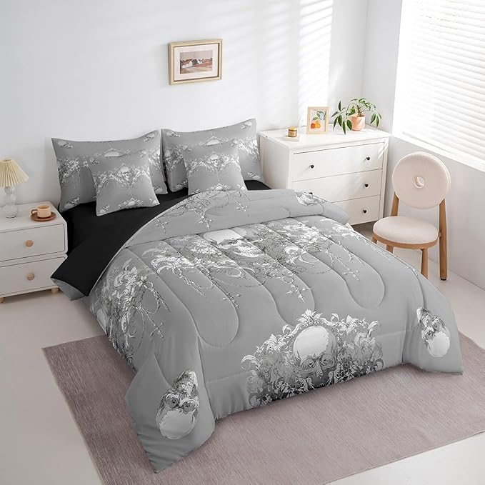 Erosebridal Gothic Comforter Set 7 Piece Bed in a Bag Twin,Goth Sugar Skull Bedding Set,Sliver White Damask Bohemian Vintage Floral Comforter and Sheet Set,Exotic Antique Victorian Baroque Decor