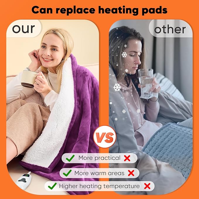 greenoak Heated Blanket Electric Throw 50"X60", Heating Blanket with 10 Heat Levels 8 Hours Auto-Off,Fleece Soft Blanket,Christmas Birthday Gifts for Grandma Mom Seniors, Taro Purple
