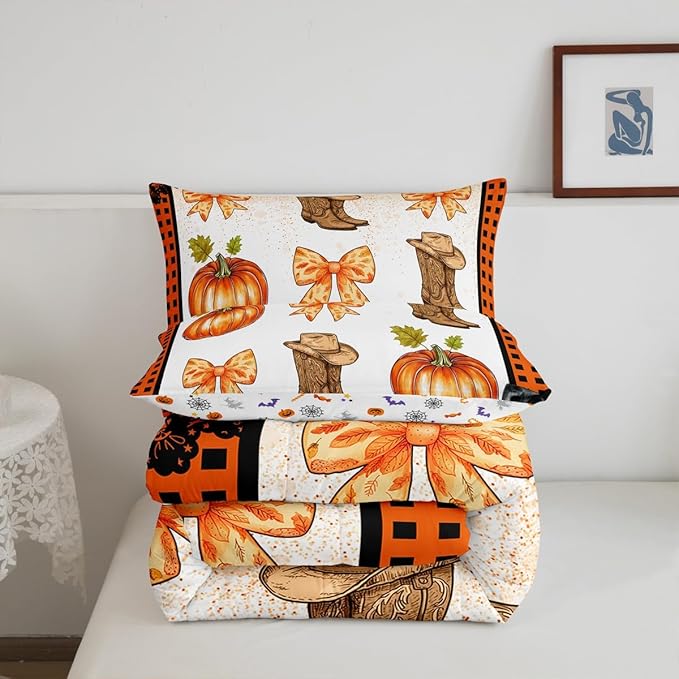 Erosebridal Western Cowgirl Comforter Set King,Cowboy Boots Hat Bedding Set Orange Plaid Bowknots Bedding Comforter Sets for Kids Boys Girls Bedroom Decor,Pumpkin Fall Harvest Quilt Duvet 3 Pcs