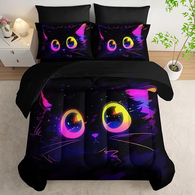 Cute Cat Kids Comforter Set King Size 7pcs Black in Dark 3D Digital Animals Printed Pattern Comforter Set for Kids Boys Girls Adults Animal Print Room Decor