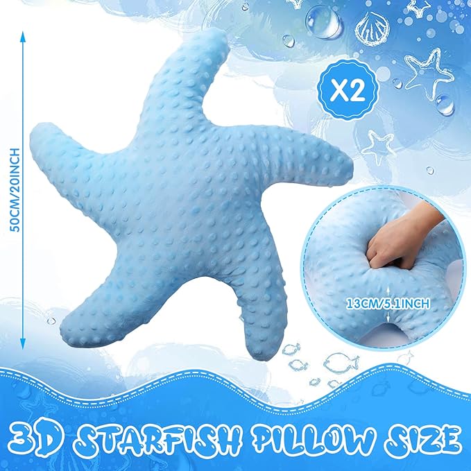 Fumete Starfish Pillow Beach Starfish Shaped Throw Pillows 20'' Star Fish Stuffed Animal Cute Plush Coastal Decor Ocean Star Pillow Plush Cushion for Kid Bedroom Living Room Sofa Couch (Blue, 2 Pcs)