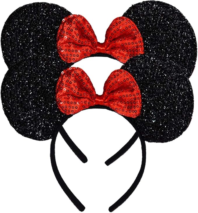 FANYITY Mouse Ears Headbands Sequin Hair Band for Girls Women Boys Party, 2 Pieces (RED)