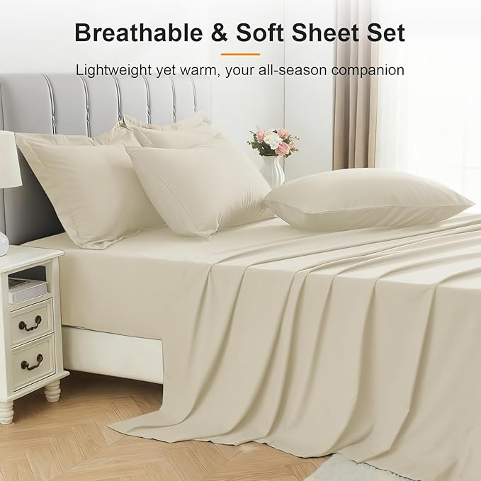 King Size Comforter Set 7 Pieces - Soft Bed in a Bag King Bed Set, Cozy Luxury Bedding Sets with All Season Comforter, Flat Sheet, Fitted Sheet, 2 Pillowcases & 2 Shams, Beige