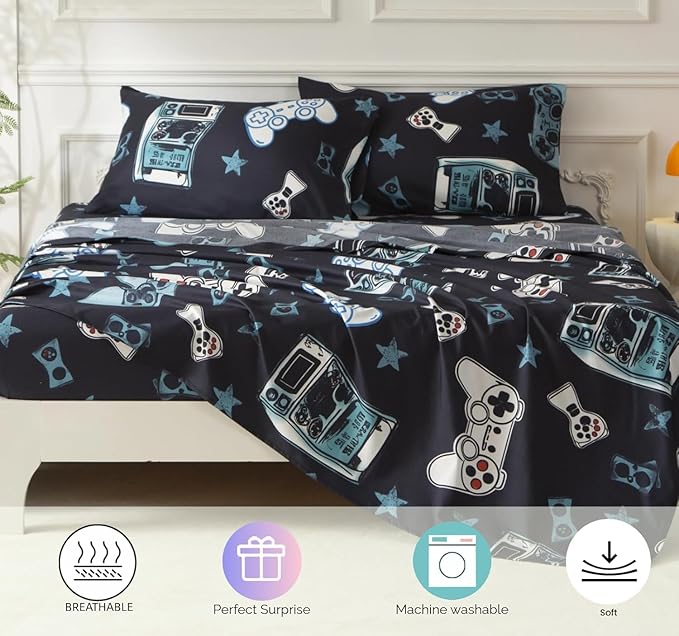 SDY 7PCS Full Gaming Console Comforter & Sheet Set，Soft Cute Gamer Microfiber Bedding for Kids, Boys & Toddlers Room Decor, Includes 1 Comforter, 1 Flat&Fitted Sheet, 2 Pillowcases & 2 Pillow Shams