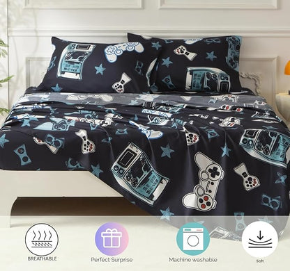 SDY 7PCS Game Console Comforter Set Queen，Cute Soft Microfiber Gamer Bedding Sets for Toddlers, Gaming Bedding with Comforter, Flat Sheet, Fitted Sheet and Pillowcases & Shams