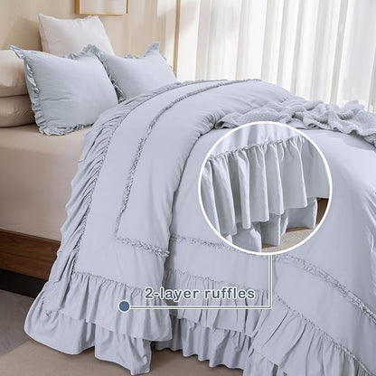 CozyTide Oversized King Comforter 128x120,Cotton Farmhouse Ruffled Bedding Comforter Set Lightweight Ultra Soft Vintage French Country Bedding 3PCS(1 Light Blue Ruffle Comforter+2 Pillowcases)