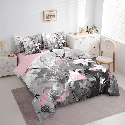 Feelyou Girls Lily Flower Comforter Set with Sheets King Size 7 Pieces Kids Pink Floral Bedding Set for Boys Women Teens Simple Modern Abstract Art Bed in a Bag Room Decor