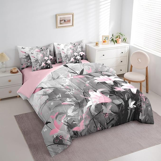 Feelyou Girls Lily Flower Comforter Set with Sheets Full Size 7 Pieces Kids Pink Floral Bedding Set for Boys Women Teens Simple Modern Abstract Art Bed in a Bag Room Decor
