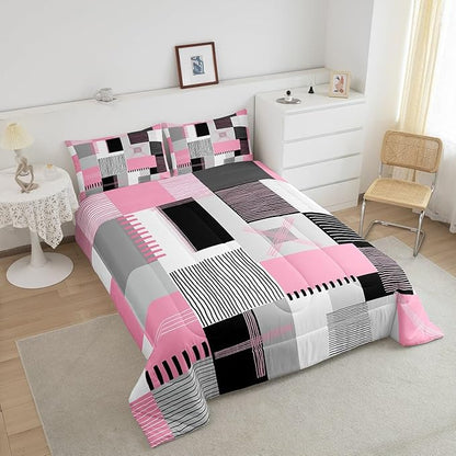 Erosebridal Pink Grey Girls Comforter Set King Black White Abstract Bedding Set for Kids Teen Women Geometric Square Quilt Grids Checkered Duvet Insert Modern Fashion Room Decor 3 Pcs
