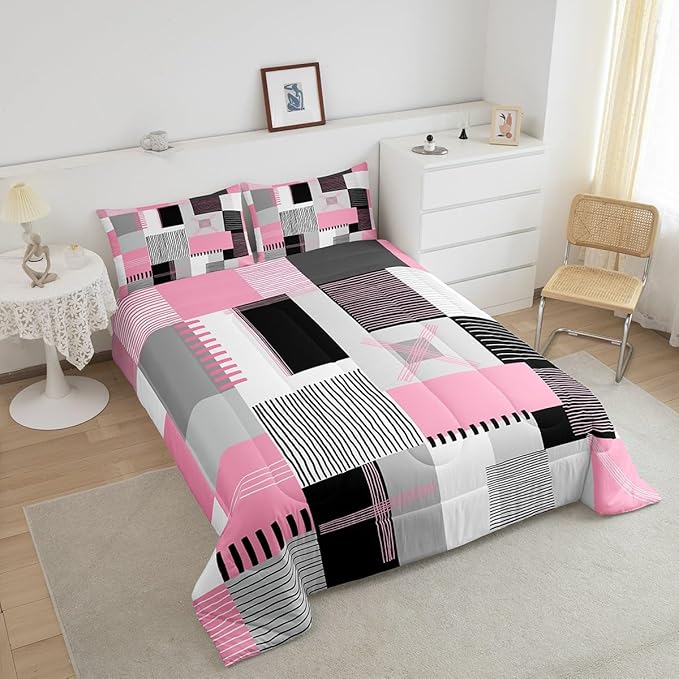 Erosebridal Pink Grey Girls Comforter Set Twin Black White Abstract Bedding Set for Kids Teen Women Geometric Square Quilt Grids Checkered Duvet Insert Modern Fashion Room Decor 2 Pcs