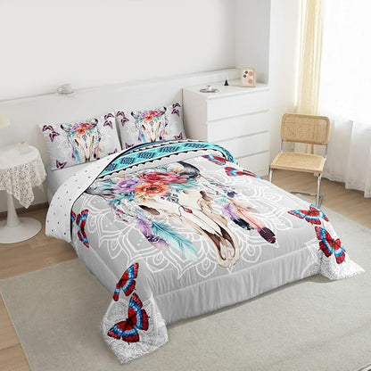 Bull Skull Comforter Set Twin Size,Western Tribal Dream Catcher Feather Butterfly Bedding Set,Mandala Floral Quilt Set for Kids Girls Boys Room Decor,Vintage Boho Duvet Insert,1 Pillowcase