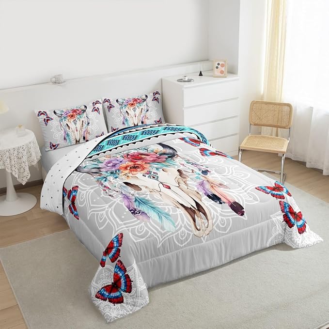 Bull Skull Comforter Set King Size,Western Tribal Dream Catcher Feather Butterfly Bedding Set,Mandala Floral Quilt Set for Kids Girls Boys Room Decor,Vintage Boho Duvet Insert,2 Pillowcases