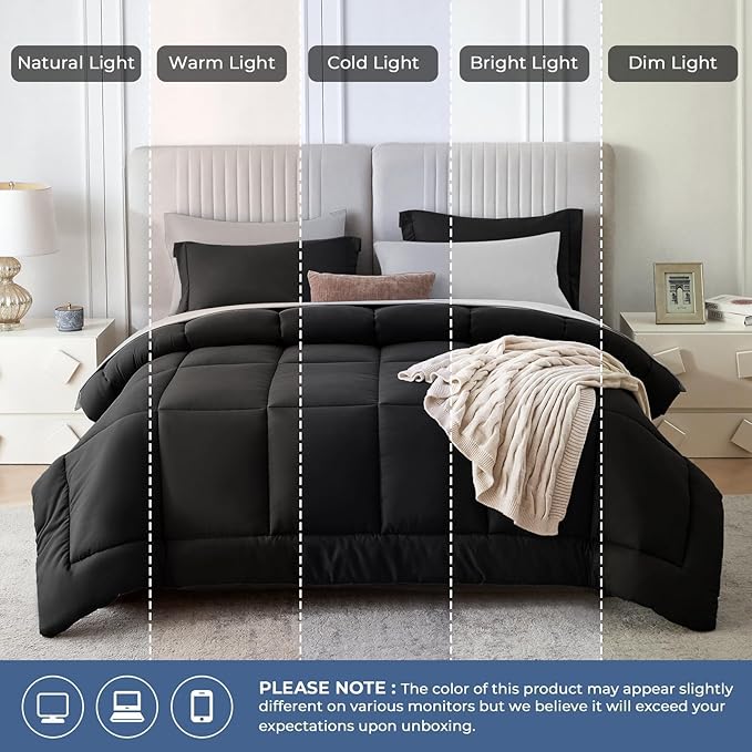 Sasttie Queen Comforter Set, 7 Pieces Bed in a Bag Queen, Complete Bedding Set Includes Comforter, Flat Sheet, Fitted Sheet, Pillowcases and Pillow Shams, Black & Light Grey