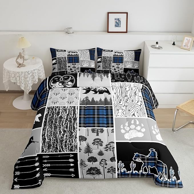 Erosebridal Western Comforter Set Queen,Bear Horse Cowboy Bedding Set,Royal Blue Buffalo Grid Plaid Quilt,Rustic Famrhouse Duvet Insert Dream Catcher Arrow Decor 3Pcs for Kids Boys Teens Bedroom