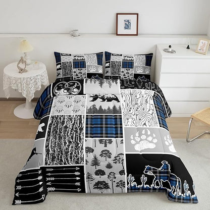 Erosebridal Western Comforter Set Toddler,Bear Horse Cowboy Bedding Set,Royal Blue Buffalo Grid Plaid Quilt,Rustic Famrhouse Duvet Insert Dream Catcher Arrow Decor 2Pcs for Kids Boys Teens Bedroom
