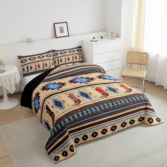 Feelyou Brown Western Decor Bedding Set Southwestern Comforter Set Room Decor Cowboy Shoes Wild Western Cowboy Geometric Tribal Comforter Toddler Size Rodeo Cowboy Style Duvet Set 2Pcs