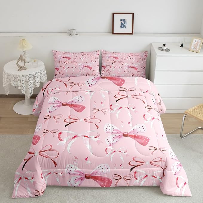 Feelyou Pink Girls Bow Bedding Set Boys Girls King Size Bow Comforter Set for Kids Women Men Ultra Soft Cute Bowknot Comforter Lovely Duvet Set