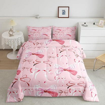 Feelyou Pink Girls Bow Bedding Set Boys Girls Twin Size Bow Comforter Set for Kids Women Men Ultra Soft Cute Bowknot Comforter Lovely Duvet Set