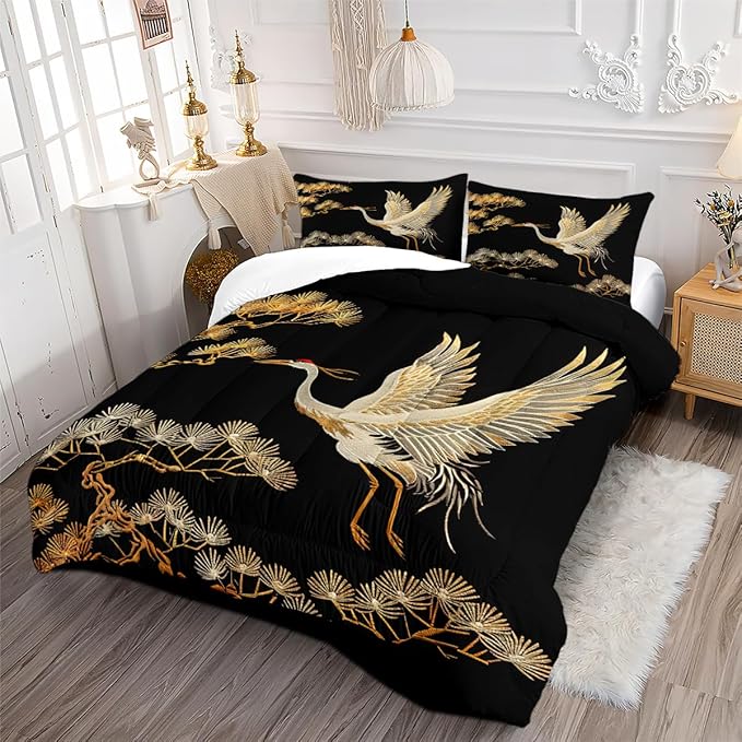 Japanese Style Comforter Set Full Size Black Gold Pine and Crane Bedding Set 3D Vintage Chinoiserie Printing Bedding White Golden Bird Tree Comforter Ultra Soft Lightweight Microfiber