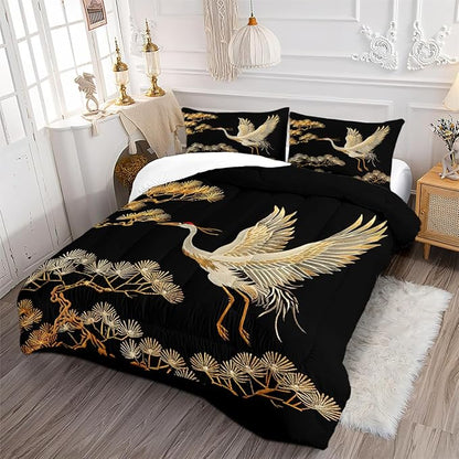 Japanese Style Comforter Set Full Size Black Gold Pine and Crane Bedding Set 3D Vintage Chinoiserie Printing Bedding White Golden Bird Tree Comforter Ultra Soft Lightweight Microfiber