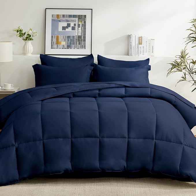 COZYART King Comforter Set 7 Pcs, Navy Blue Bed in a Bag, All Season Lightweight Soft Reversible Bedding Set, 1 Comforter, 1 Flat Sheet, 1 Fitted Sheet, 2 Pillow Shams, 2 Pillowcases