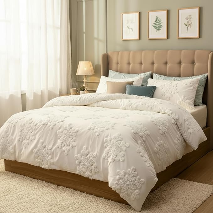 Frienda 3 Pcs Winter Snowflake Full Comforter Cover Set Includes 1 Duvet Cover and 2 Pillow Shams Boho Tufted White Snowflake Bedding Set for Winter Gift