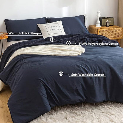 COTTEBED Warm Comforter Queen Size Sherpa Comforter Set Fuzzy Bedding Comforters Washable Cotton Fleece Down Alternative Lightweight Comforter and Pillow Shams(Dark Navy Blue,Full/Queen)