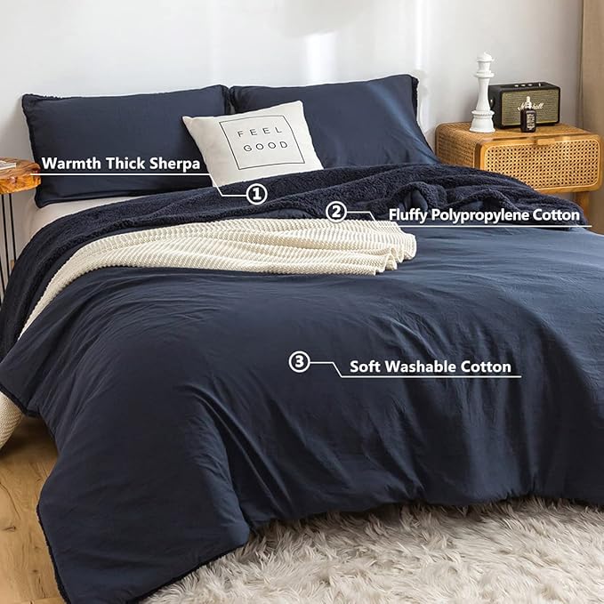 Warm Sherpa Comforter Set with Pillowshams Fleece Comforter King Size Lightweight Cozy Plush Washable Cotton Down Alternative Soft Comforter and Pillow Shams(Dark Navy Blue,King)