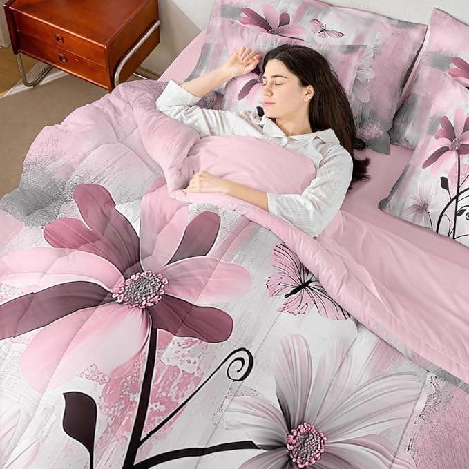 Feelyou Girls Daisy Flower Comforter Set with Sheets King Size 7 Pieces Kids Vintage Floral Butterfly Bedding Set for Boys Women Teens Pink White Grey Simple Modern Abstract Art Bed in a Bag