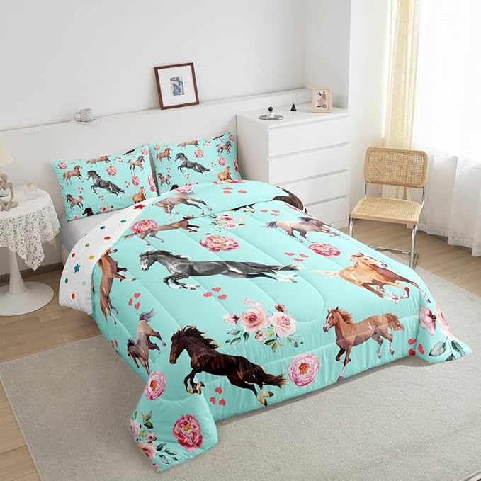 Horse Comforter Set King for Cowboy Cowgirl,Southwest Rose Petal Bedding Set for Youth Adult,Rustic Horse Quilt Set for Bedroom Decor,Vintage Farmhouse Wildlife Down Comforter with 2 Pillowcases
