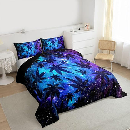 Erosebridal Leaves Comforter Set Teens Galaxy Bedding Set Queen for Women Men Youth Soft Chic Purple Blue Duvet Set Room Decor Quilt Set